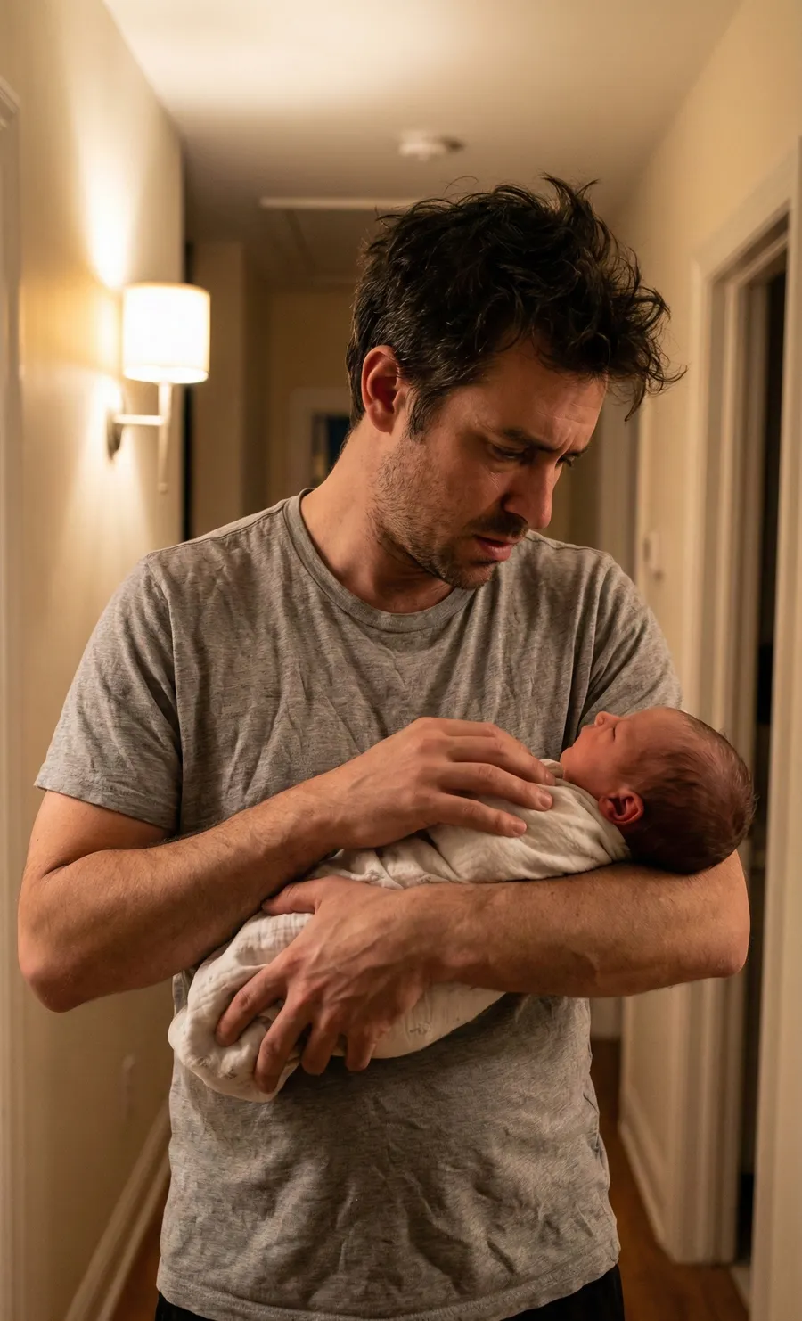 A father holding his newborn daughter in a hallway, November 27, 2021