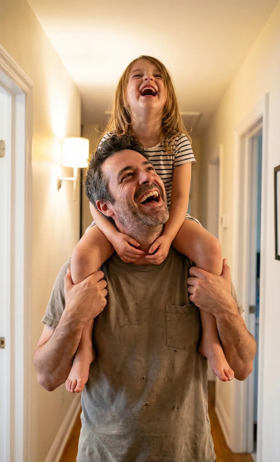 The same father carrying his four-year-old daughter on his shoulders in the same hallway, November 27, 2025