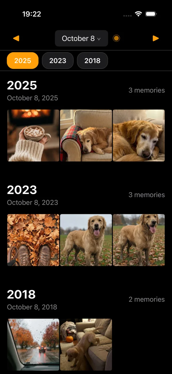 Ayer showing October 8 photos grouped by 2025, 2023 and 2018
