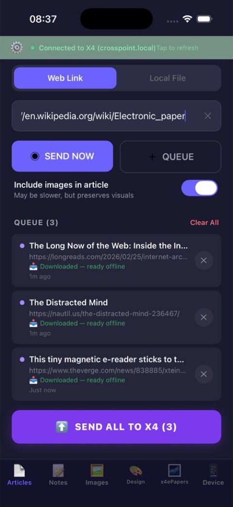 Send to X4 queueing web articles for an e-ink reader